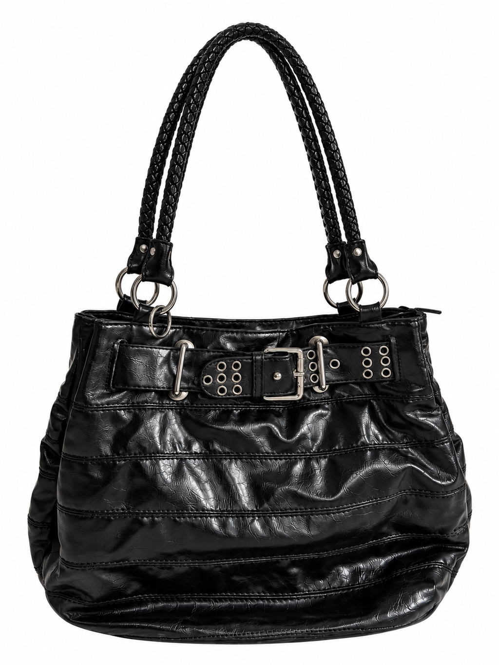 Black Patent Effect Shoulder Bag with Studded Belt Detail