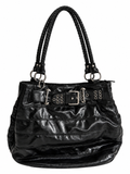 Black Patent Effect Shoulder Bag with Studded Belt Detail