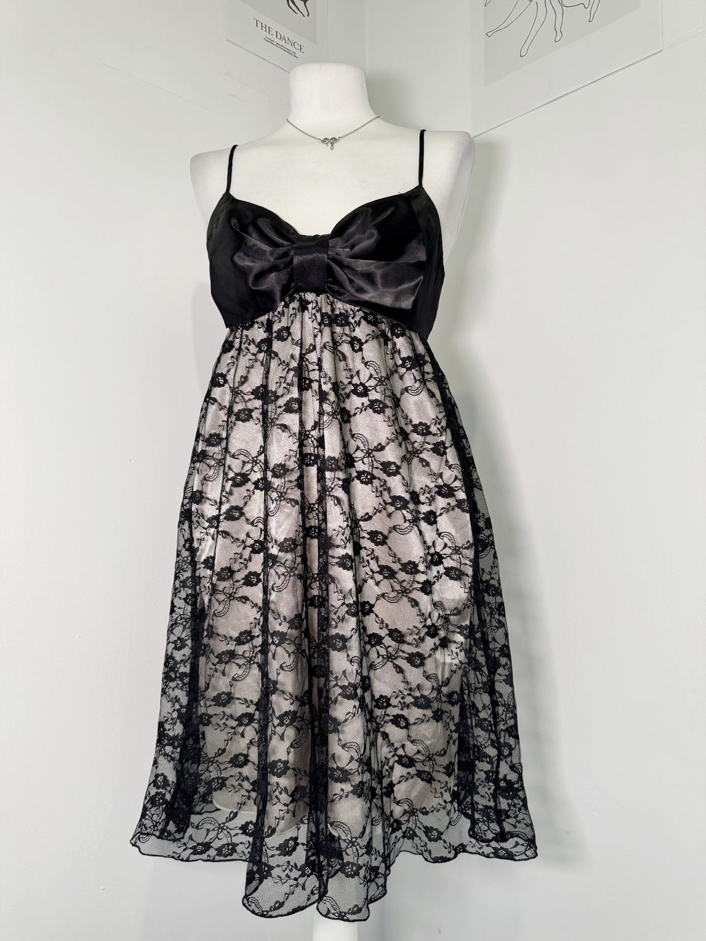 Gothic Black Lace & Satin Bow Midi Dress