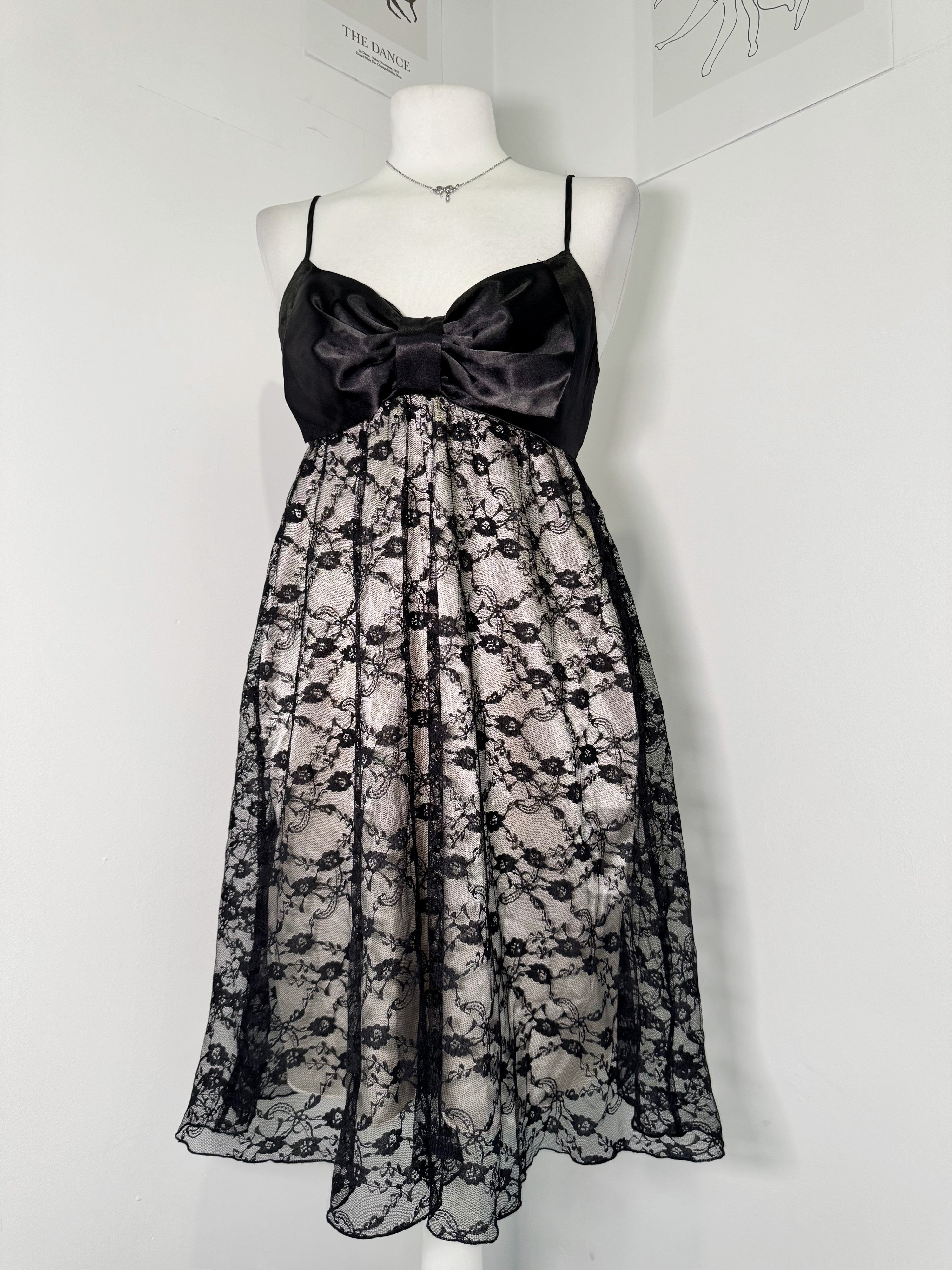 Gothic Black Lace & Satin Bow Midi Dress