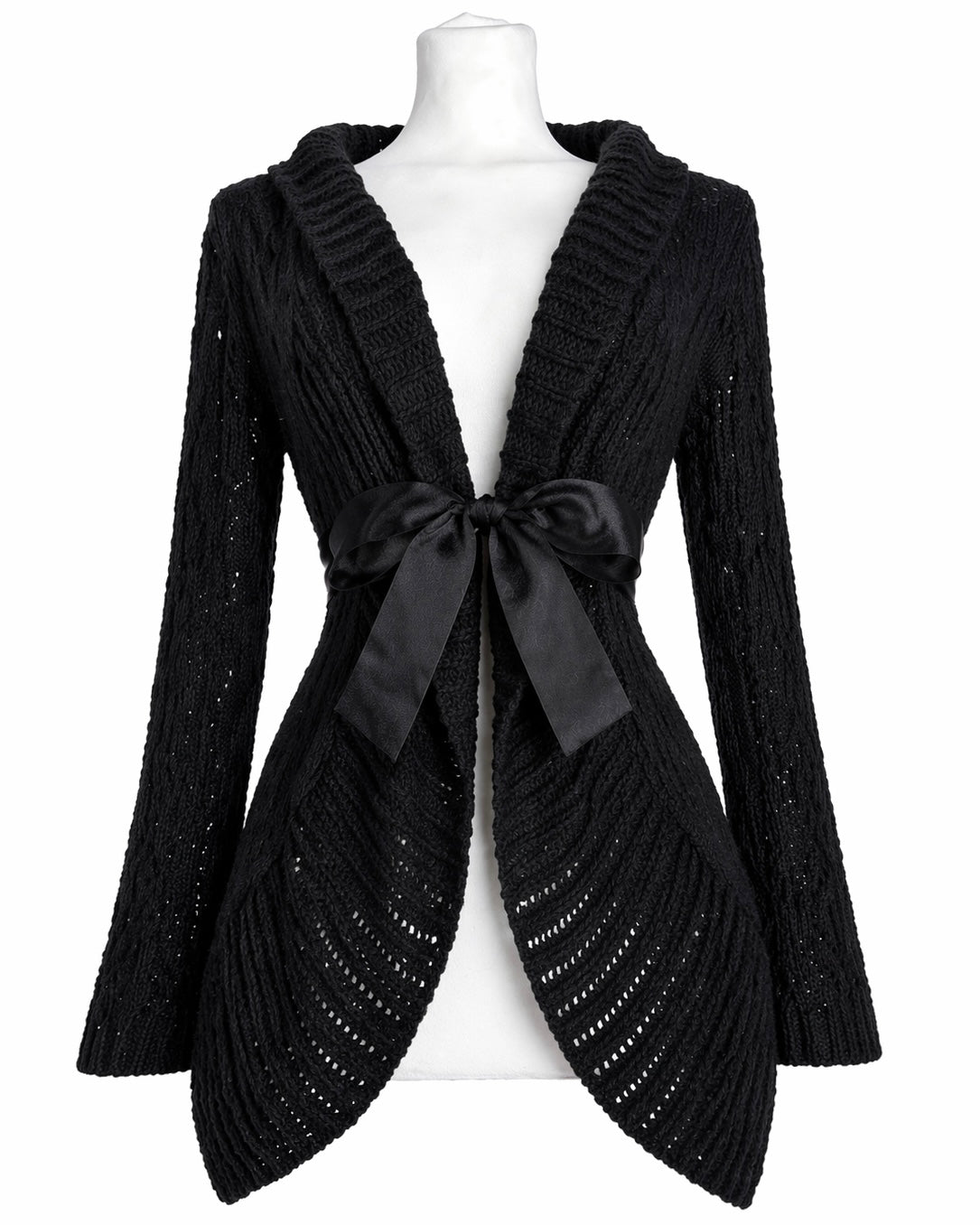 Black Vintage Gothic Romantic Cable-Knit Cardigan with Satin Bow Belt