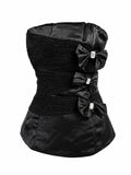 Black Satin Strapless Corset Top with Embellished Bows