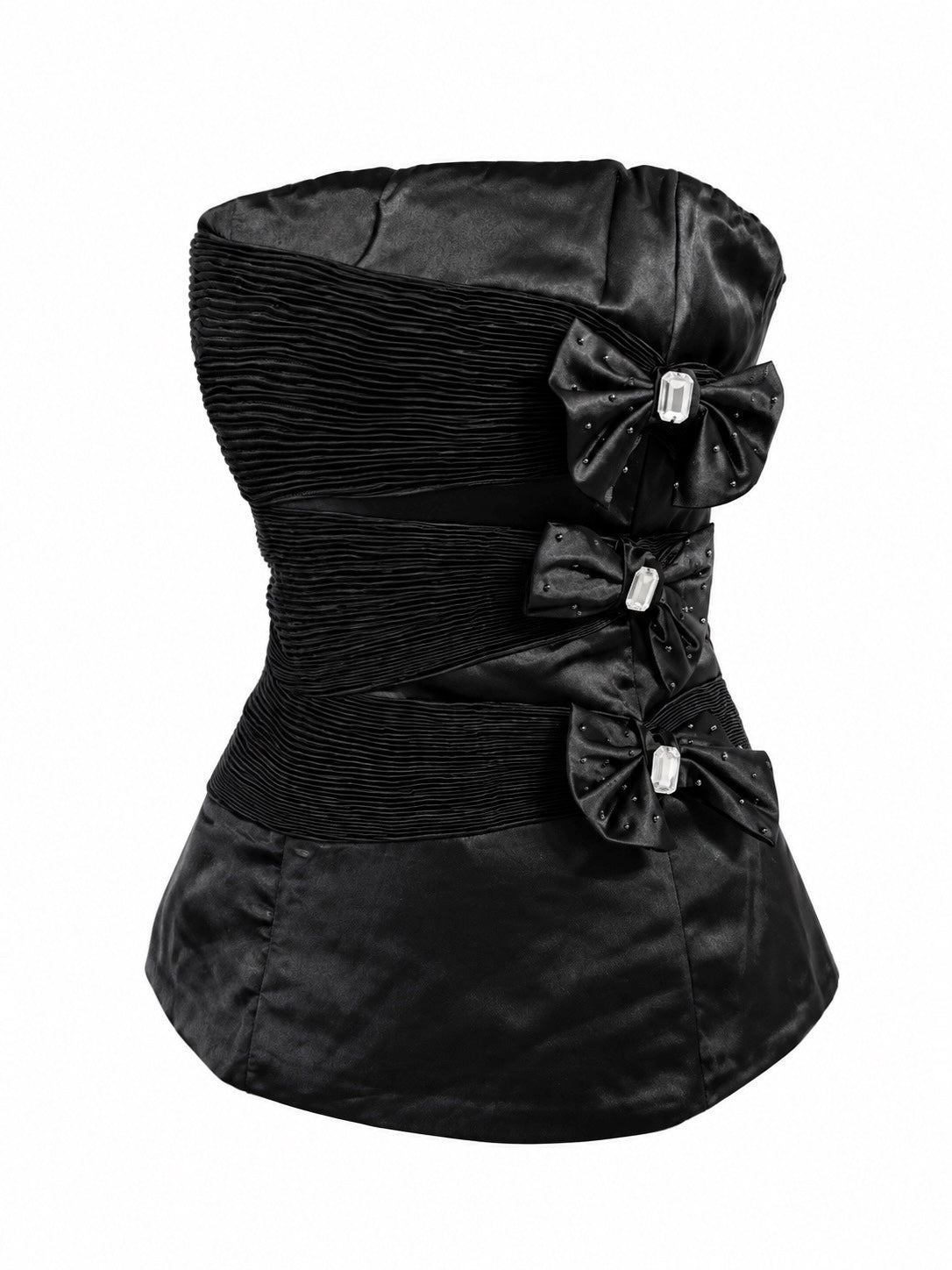 Black Satin Strapless Corset Top with Embellished Bows