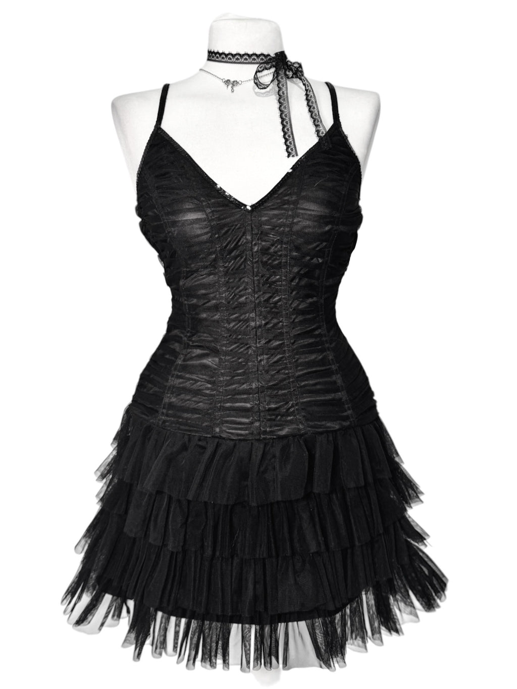 Midnight Mesh Ruched Tiered Dress