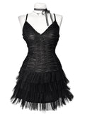Midnight Mesh Ruched Tiered Dress