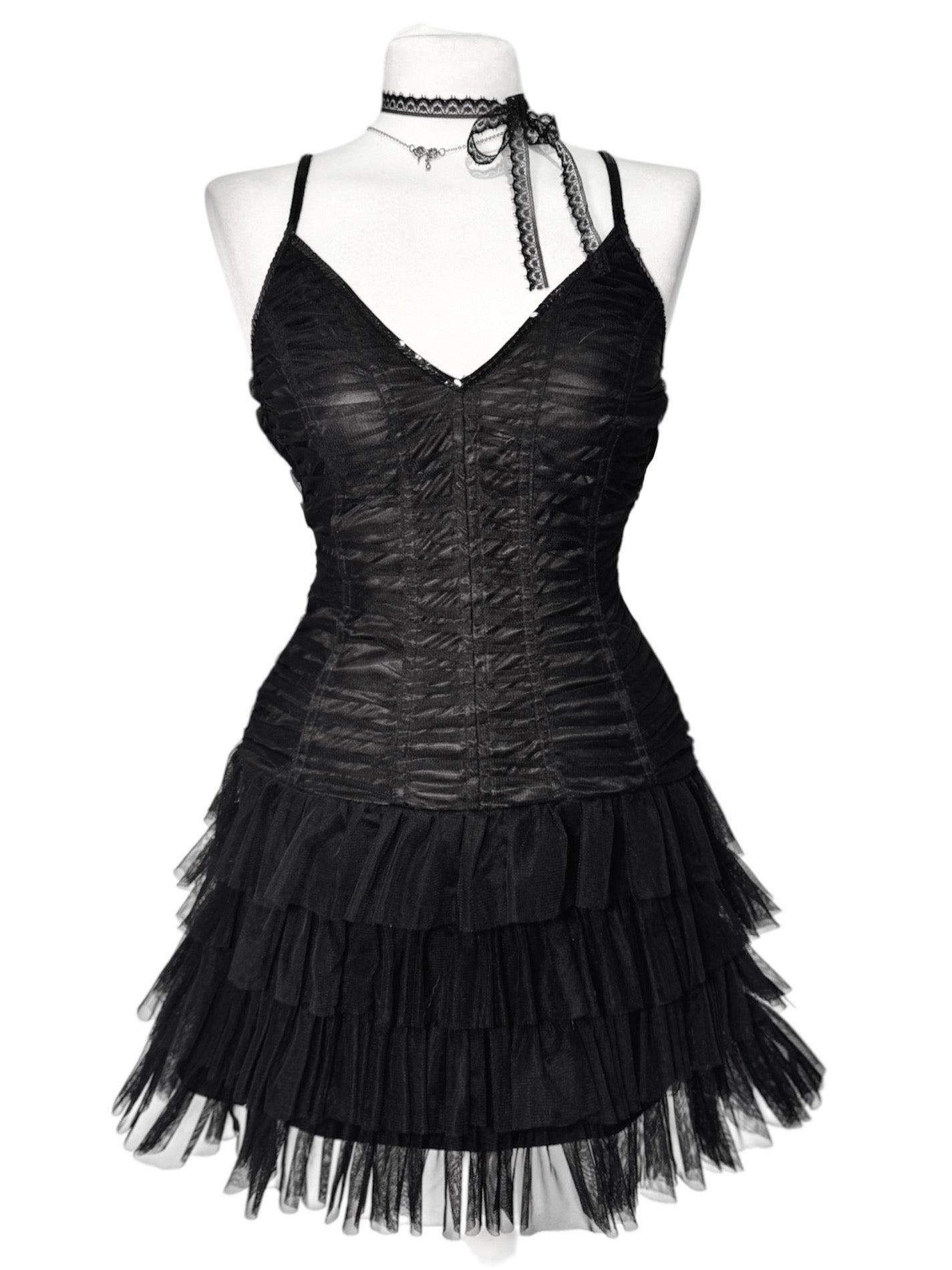 Midnight Mesh Ruched Tiered Dress