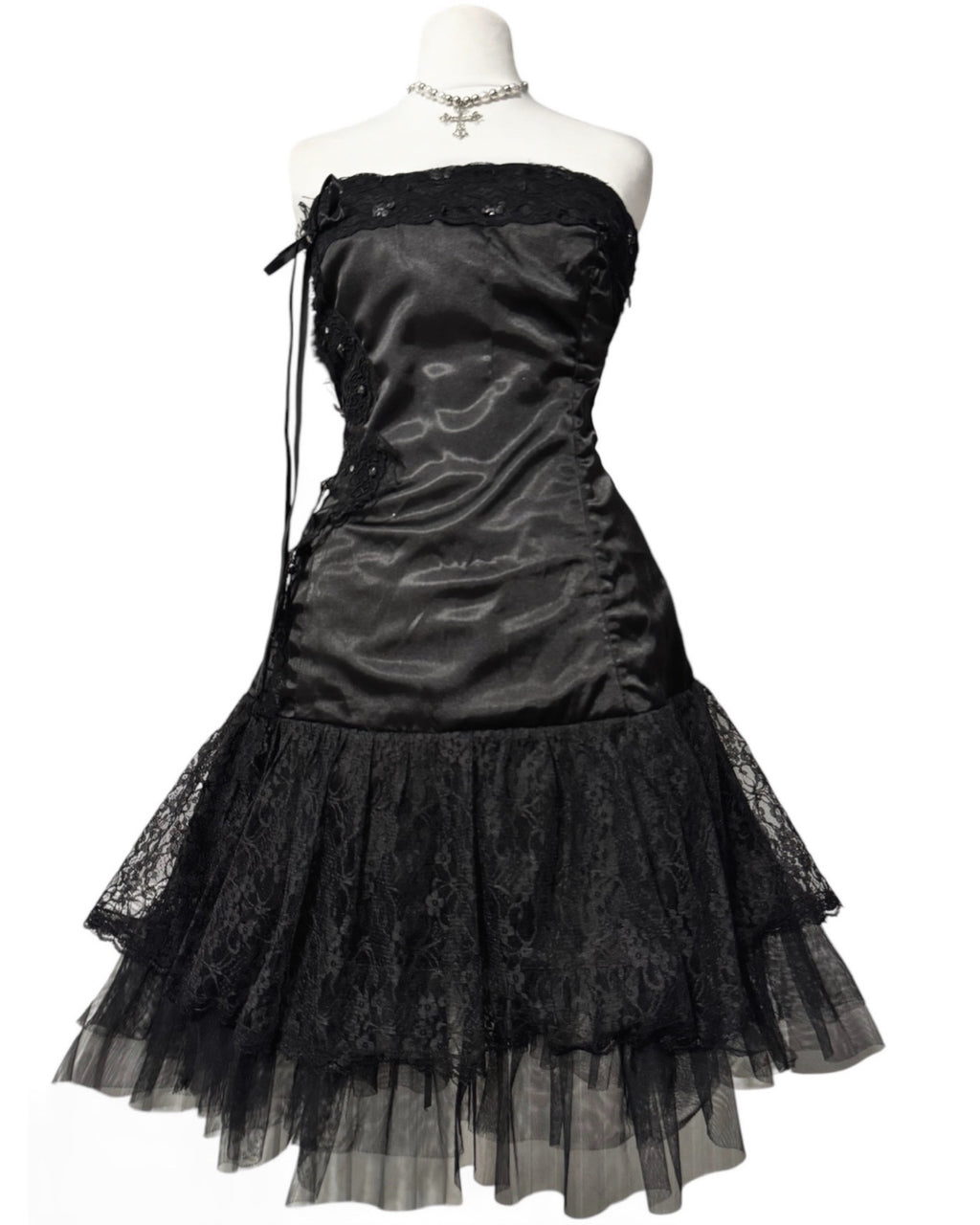 Black dark coquette mini dress with a flower detail