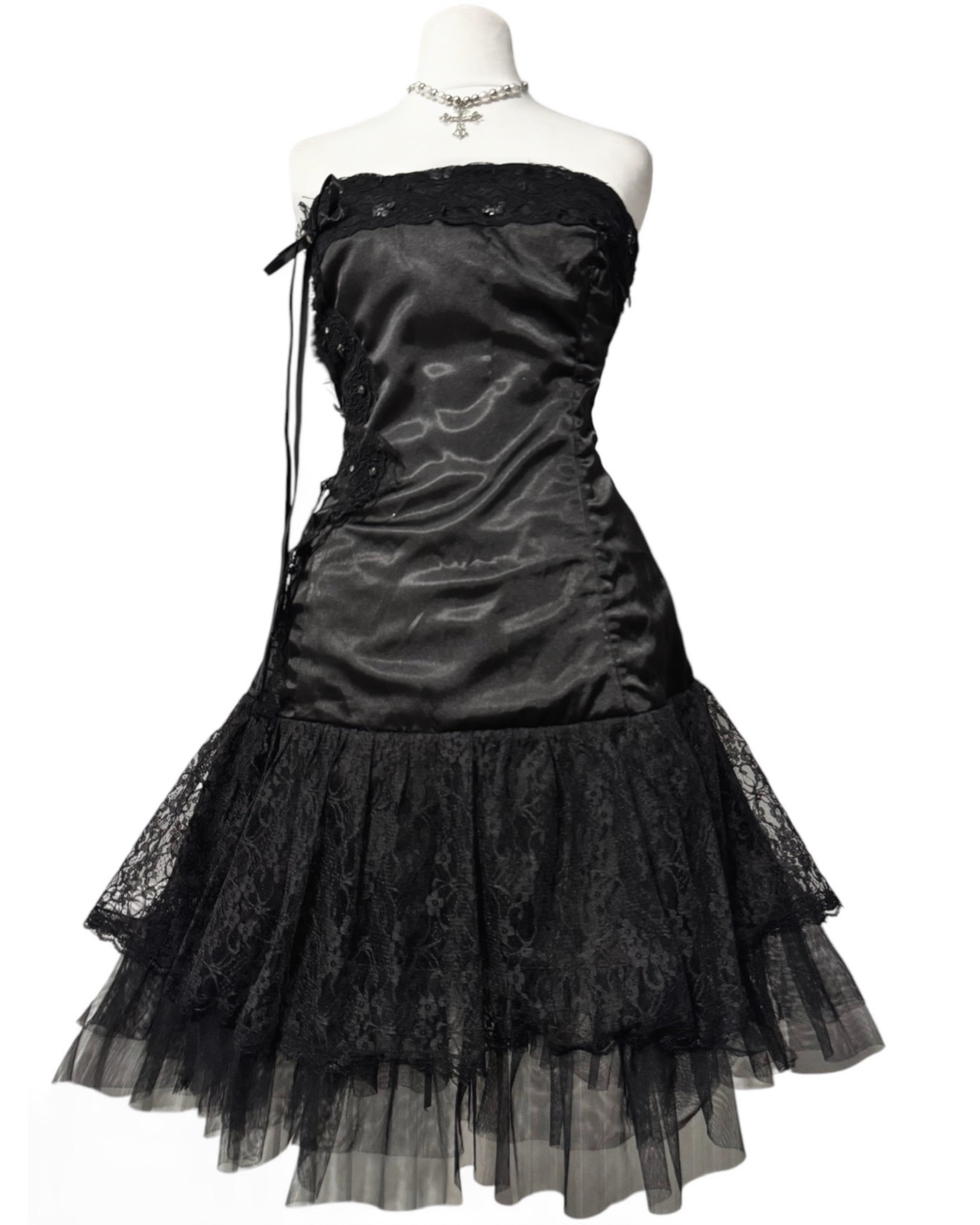 Black dark coquette mini dress with a flower detail