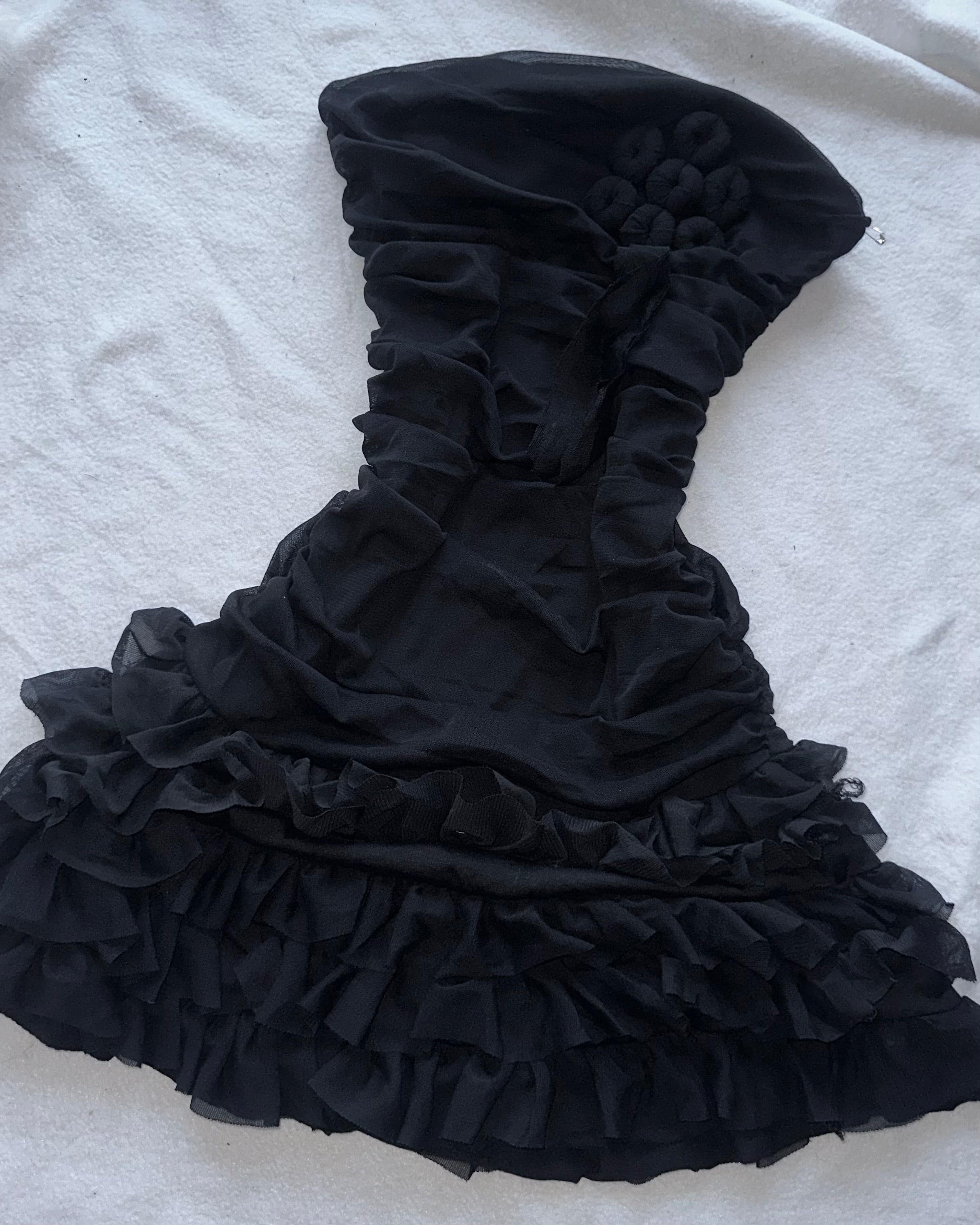 Black mini flared ribbon rose dress