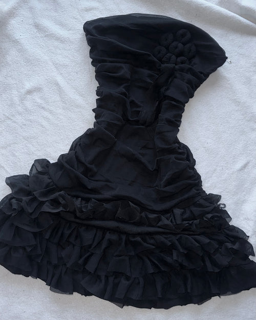 Black mini flared ribbon rose dress